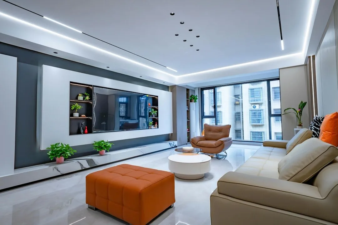 Warmly lit modern living room with automated lighting