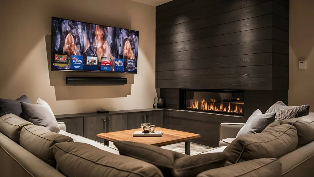 OLED TV mounted above a built-in fireplace in a modern living room
