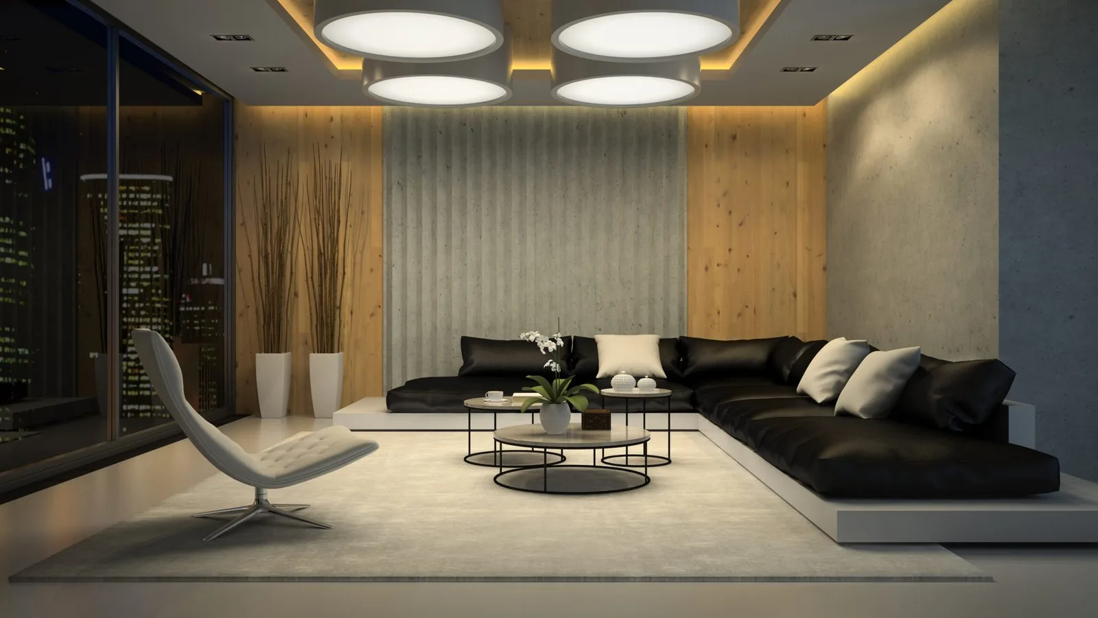 Basalte wall panel and lighting control interface in a modern living space
