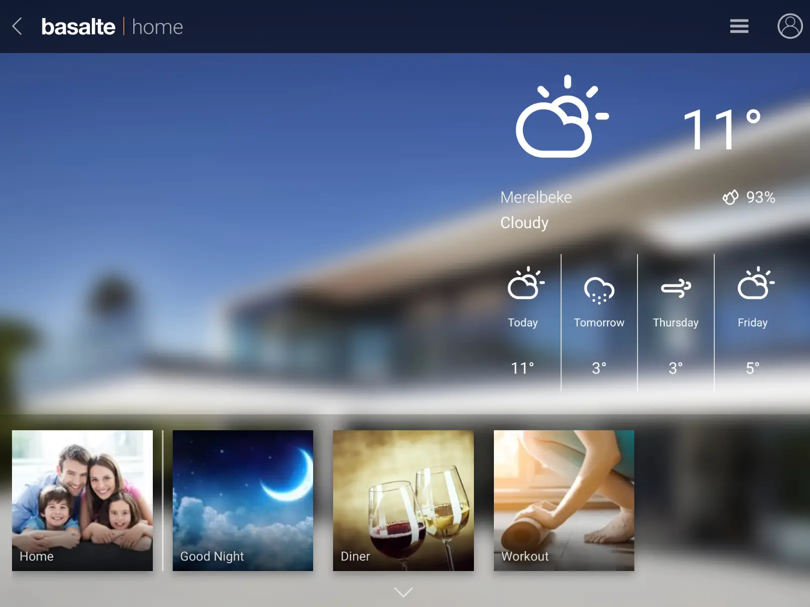 Basalte Home app showing the weather and one-touch scenes for Home, Good Night, Dinner and Workout