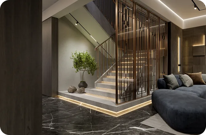 Dark marble living space with a bronze screened staircase and concealed linear lighting