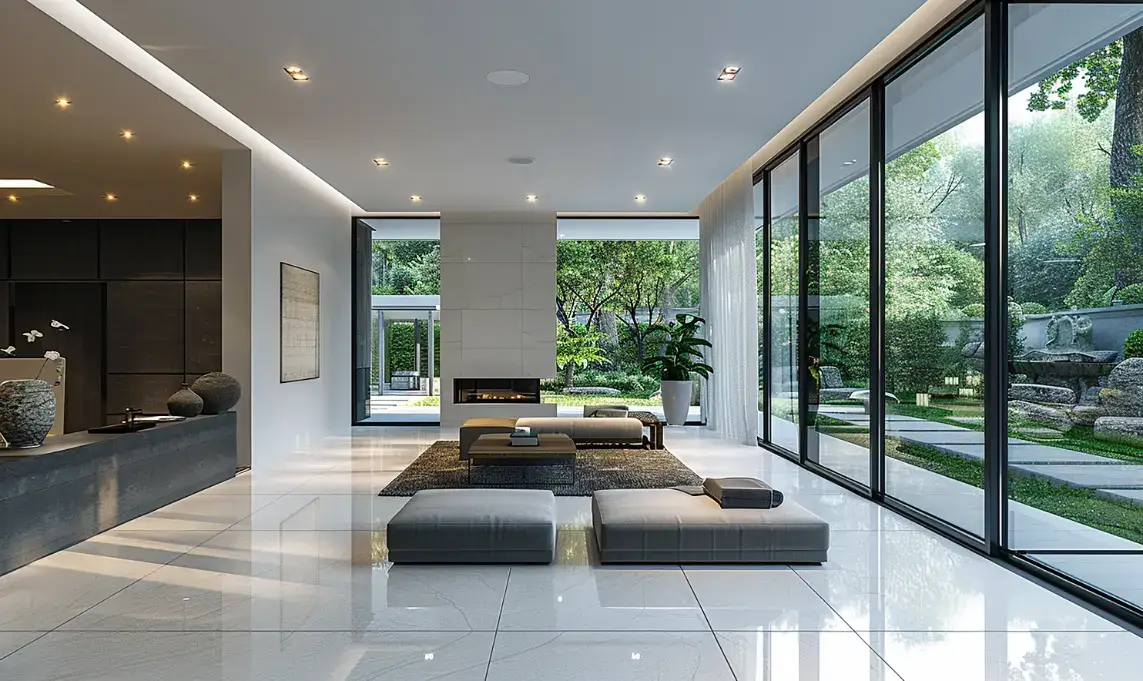 Bright open-plan living room with floor-to-ceiling glass onto a garden and discreet ceiling fixtures