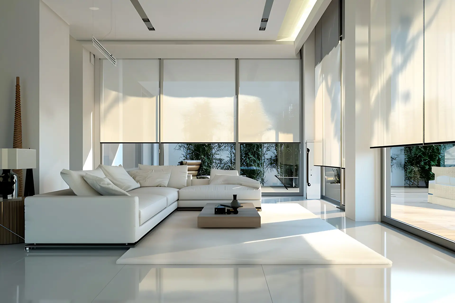 Luxury living room with Lutron motorized roller shades and glass windows