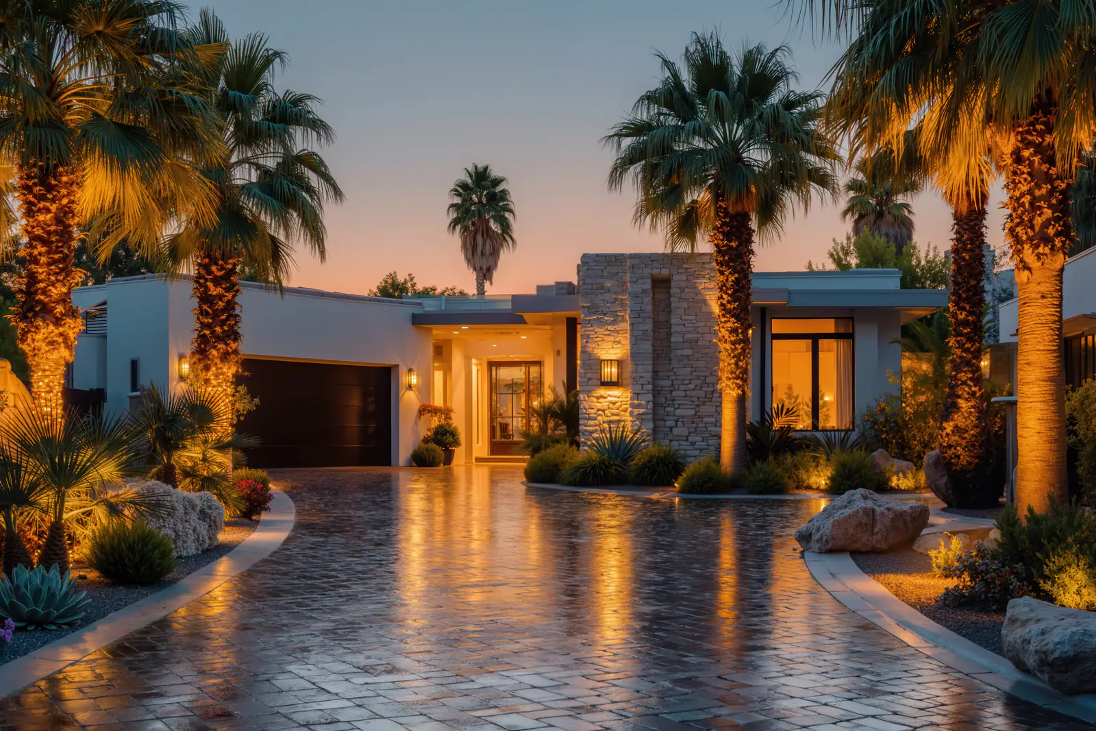 A finished residence glowing at dusk at the end of a palm-lined drive