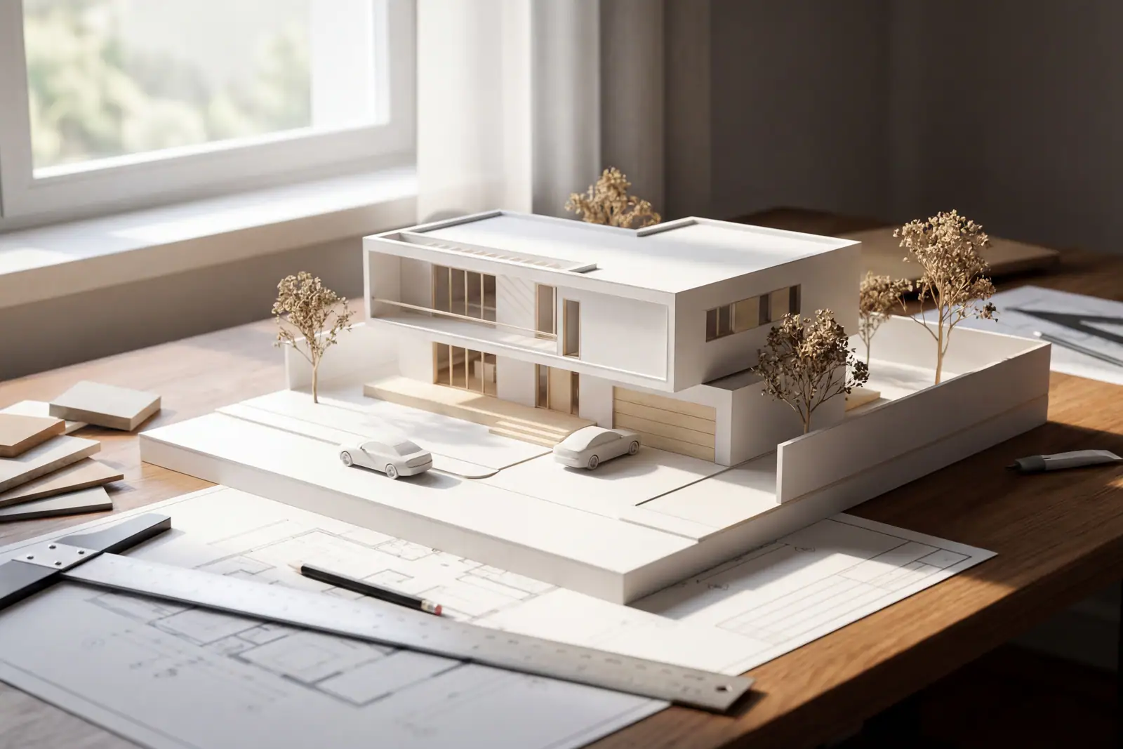 White architectural model of a modern house on a desk beside drawings