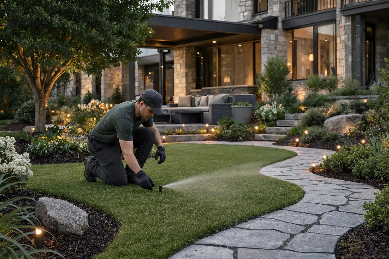 A technician at work in a landscaped garden at dusk, path lights glowing
