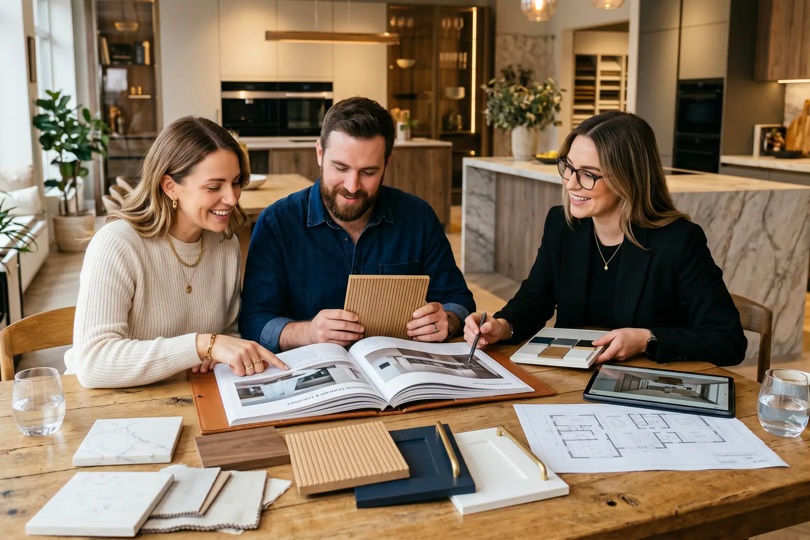 Homeowners and a designer reviewing material samples and plans at a kitchen table