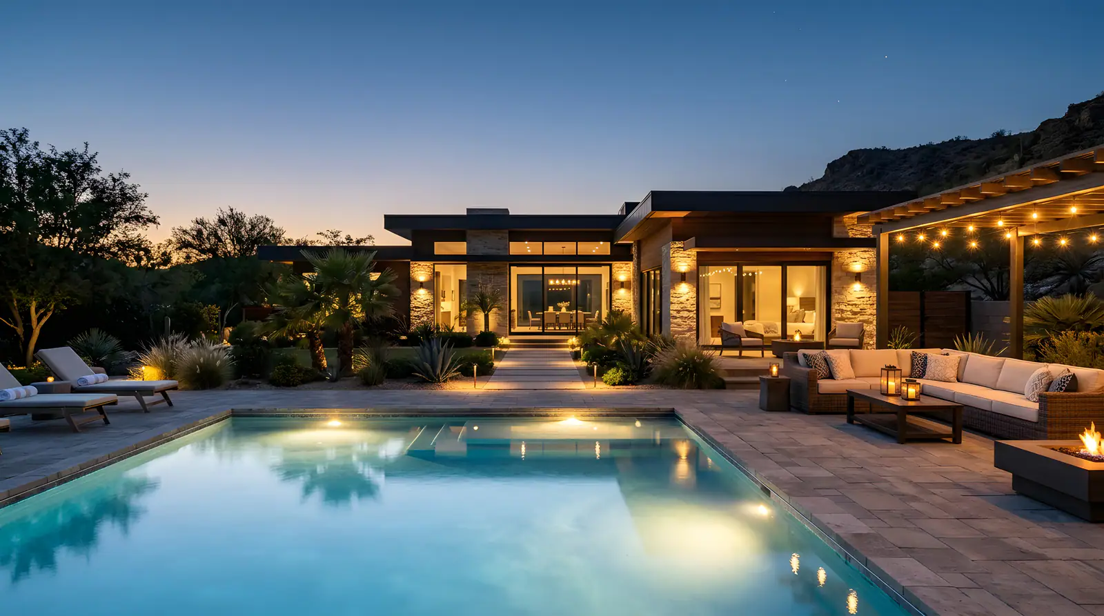 A pool courtyard at dusk, lit by path lights, string lights and a fire table