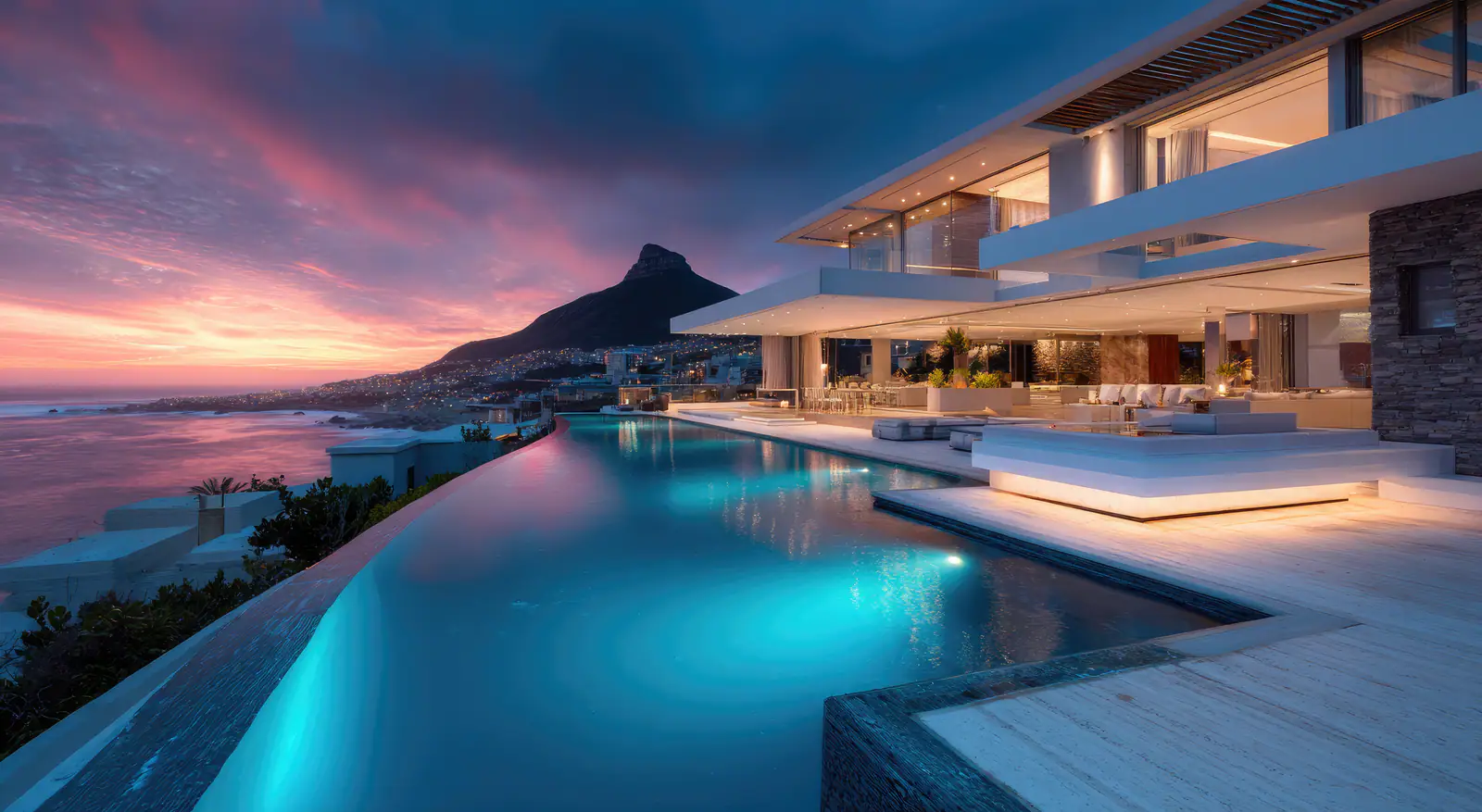 Infinity pool and terraces lit at sunset above the ocean