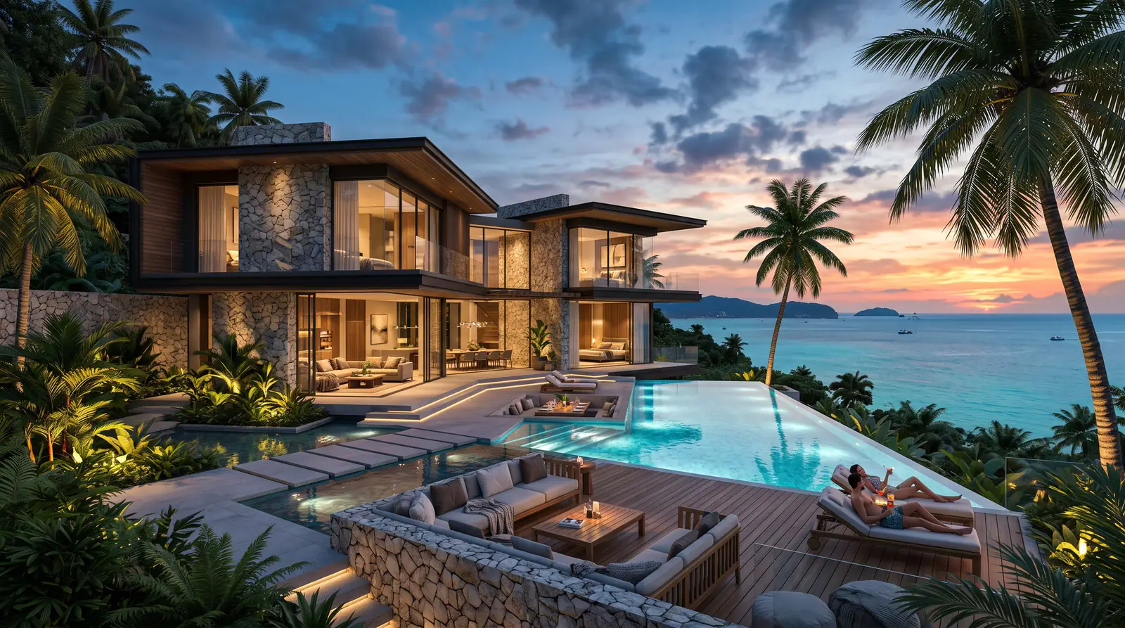 Ocean-view pool deck framed by tropical planting at dusk