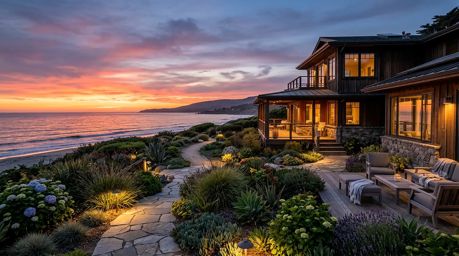 Lit garden path leading to a coastal house at sunset