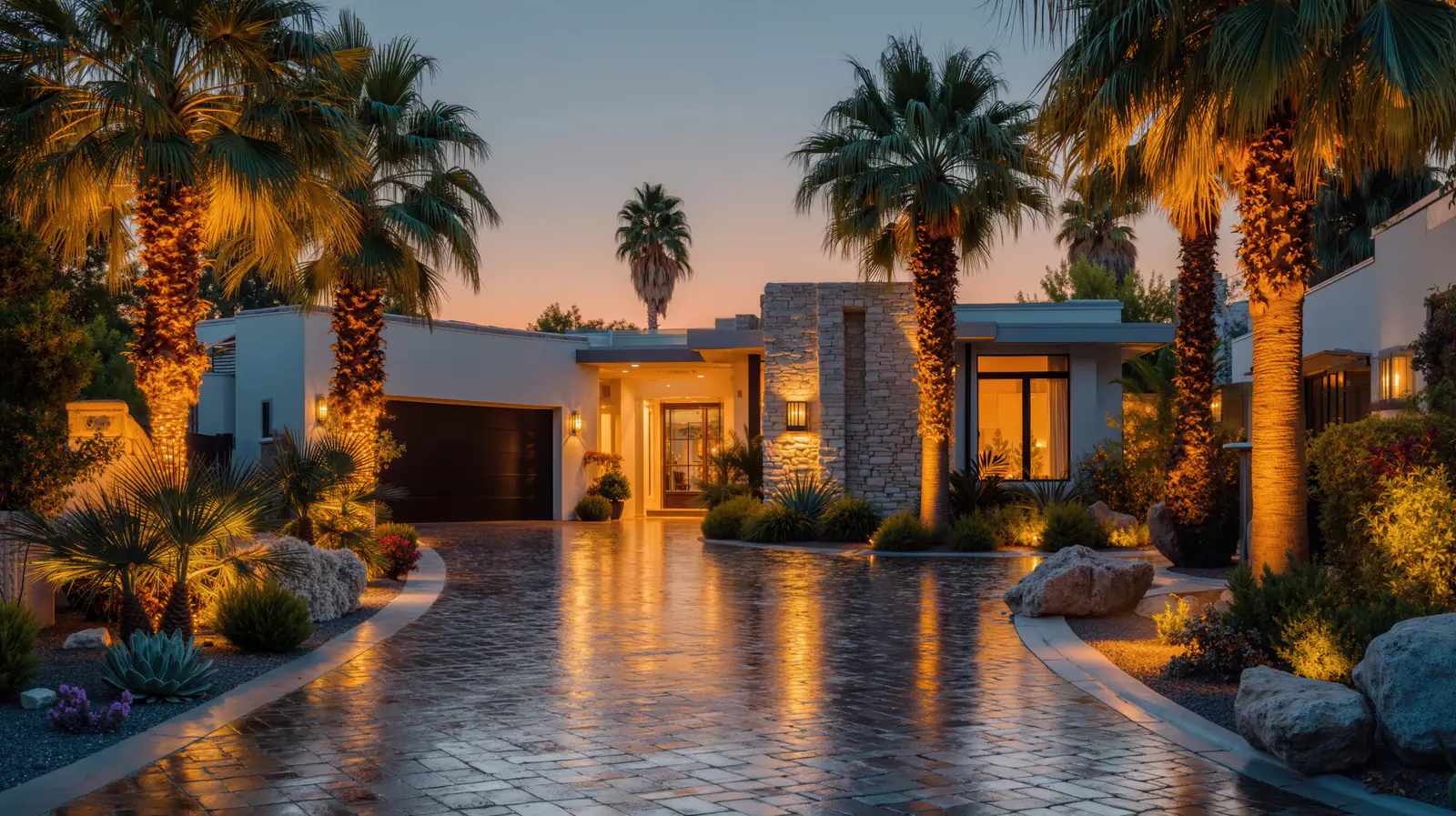 Palm-lined drive leading to a modern residence glowing at dusk