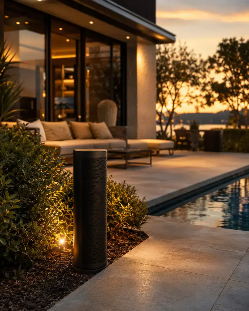 A slim bollard speaker glowing beside a poolside terrace at dusk
