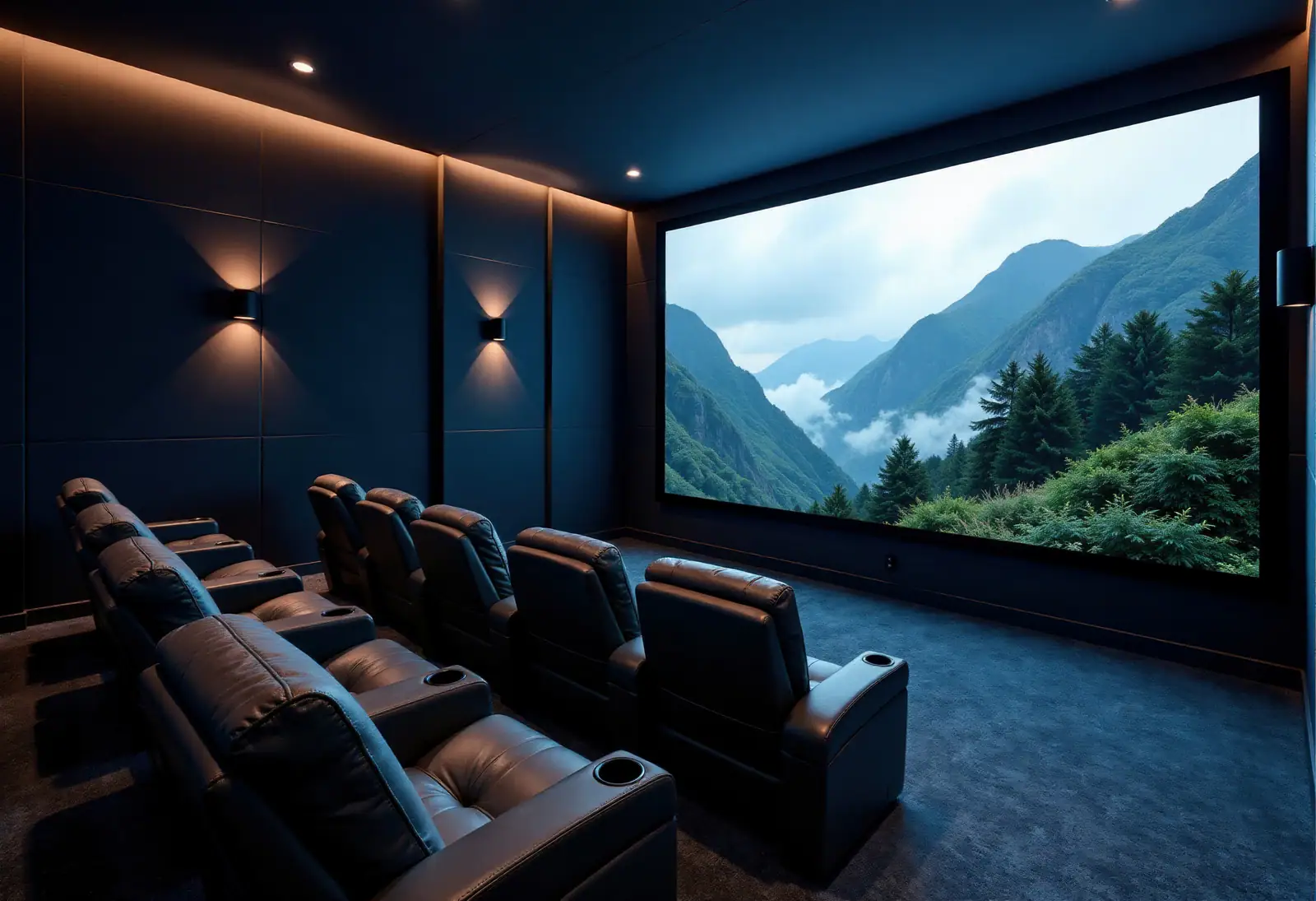 A deep blue private cinema with leather recliners facing a wide mountain scene on screen