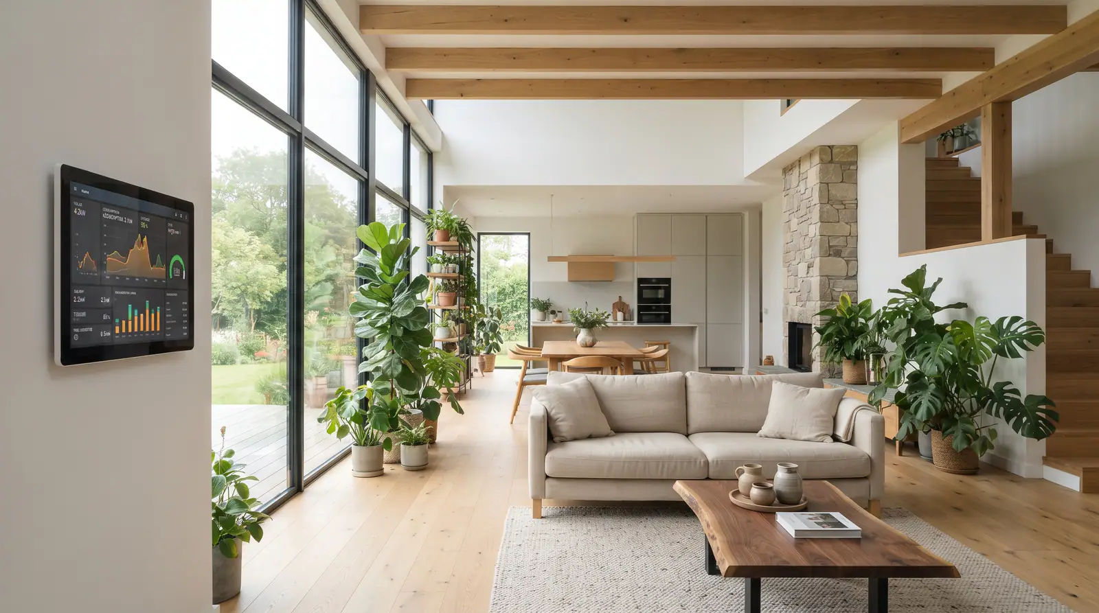 A bright great room with tall garden windows and a slim control panel on the wall