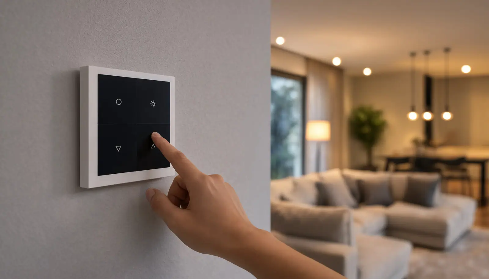 A finger on a minimalist lighting keypad beside a living room lit with warm pendants