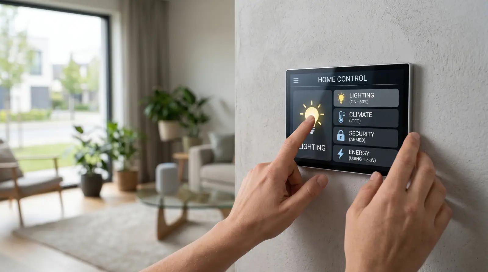 Hands on a home control touchscreen mounted on a wall