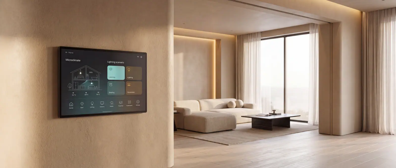 A wall-mounted control panel in a calm, light-filled living room