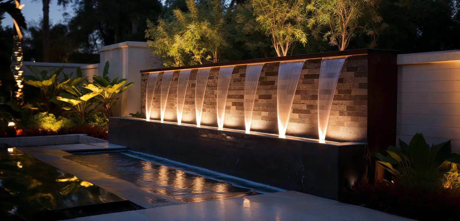 A lit cascade of water falling from a stone wall into a pool, surrounded by planting at night