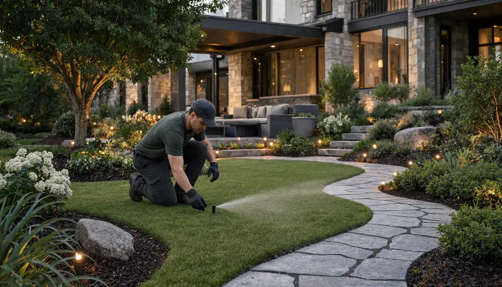 A technician setting a landscape light into the planting of a stone-built residence