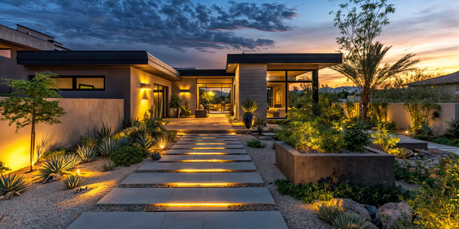 A lit stepping-stone path leading through a garden to a glowing entry at dusk