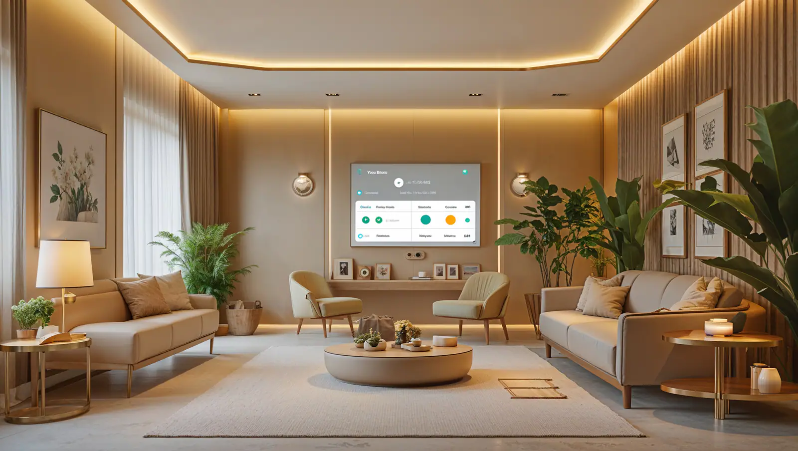 A living room glowing with warm cove lighting, sheer curtains drawn