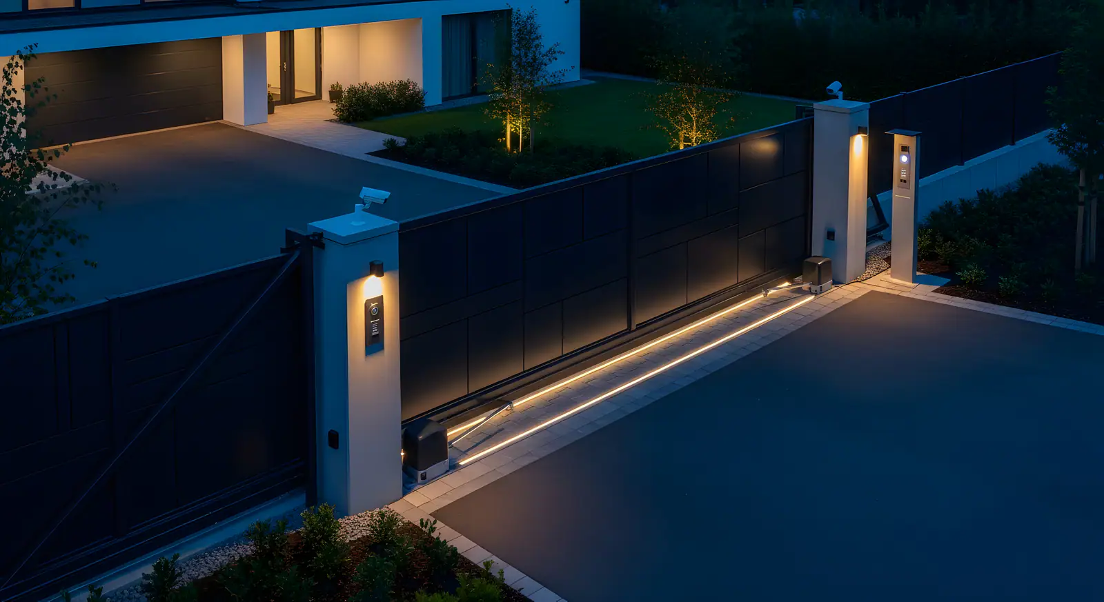 A modern sliding driveway gate with a lit intercom post at night