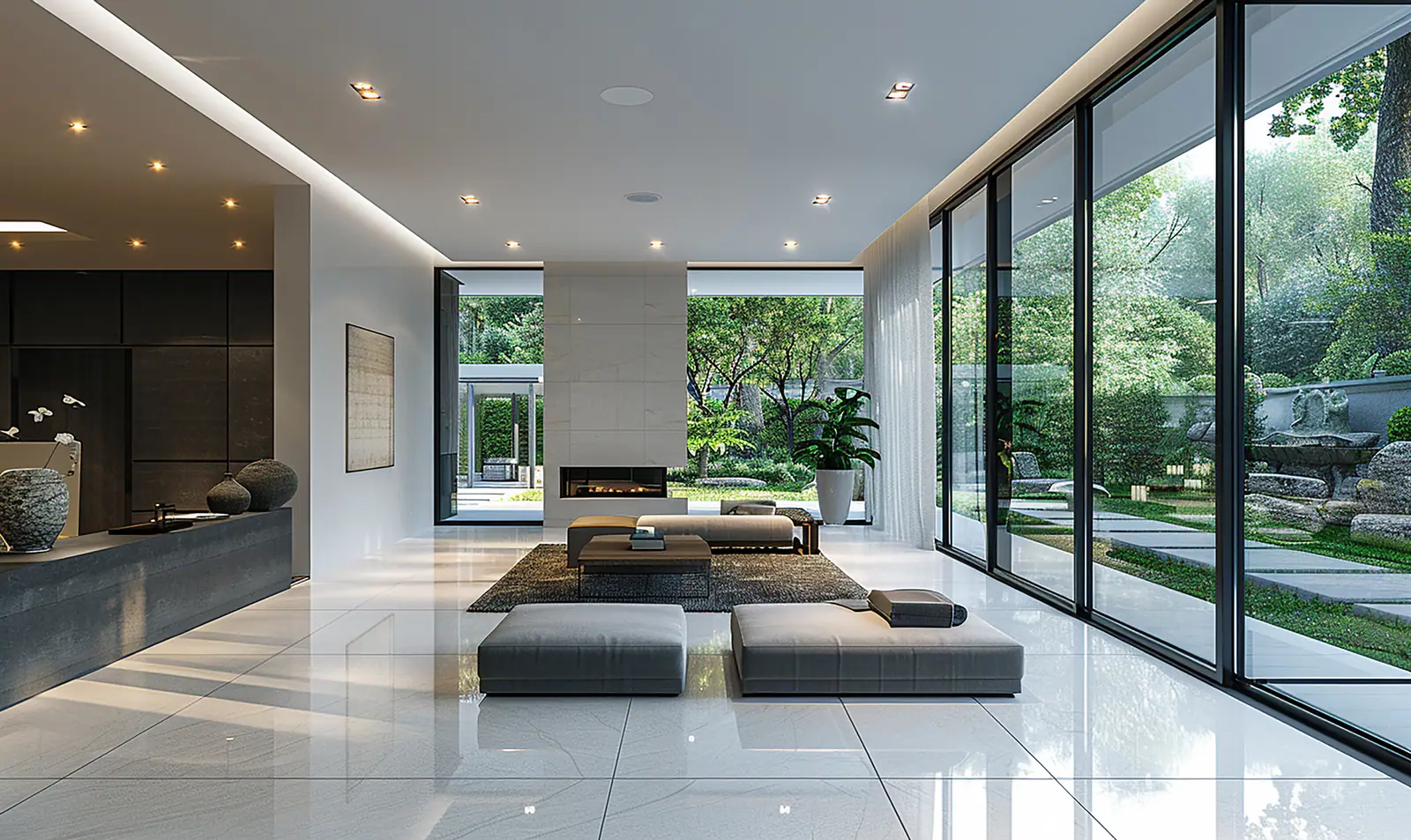 A bright minimalist living space with floor-to-ceiling glass onto a garden