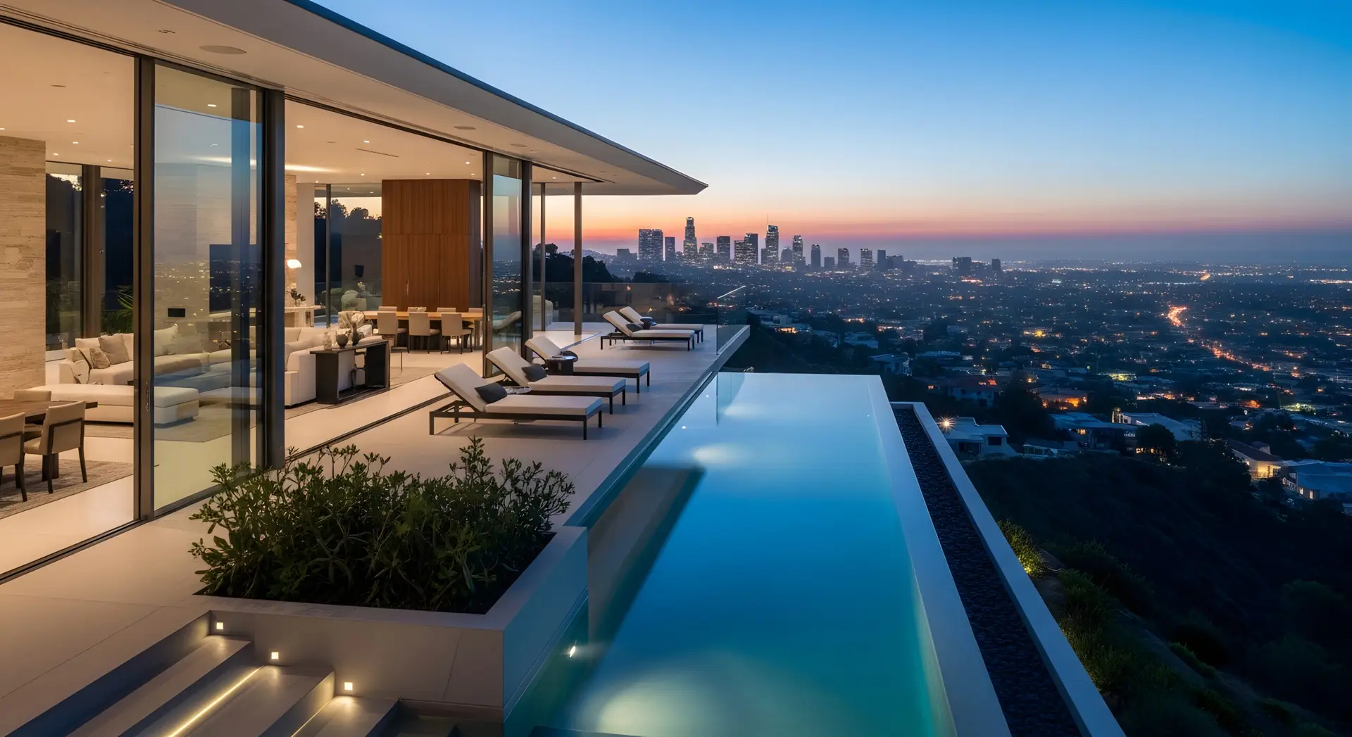 Modern luxury residence with pool and coastal view at sunset