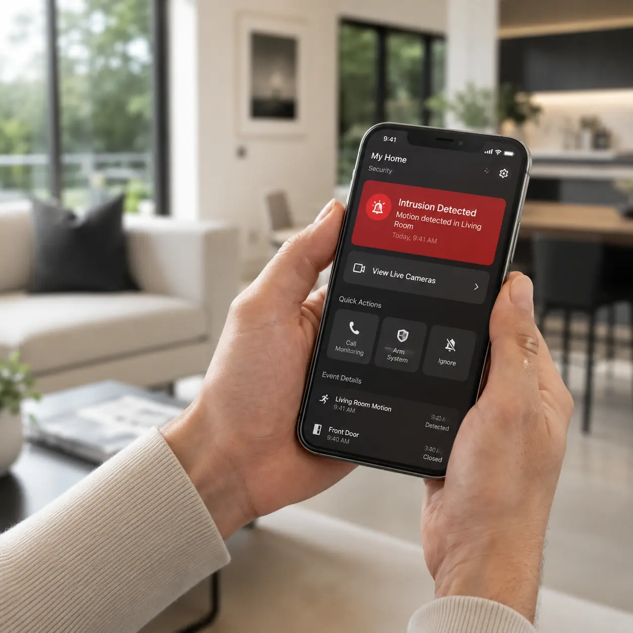 Phone showing an intrusion alert with quick actions for cameras and the alarm