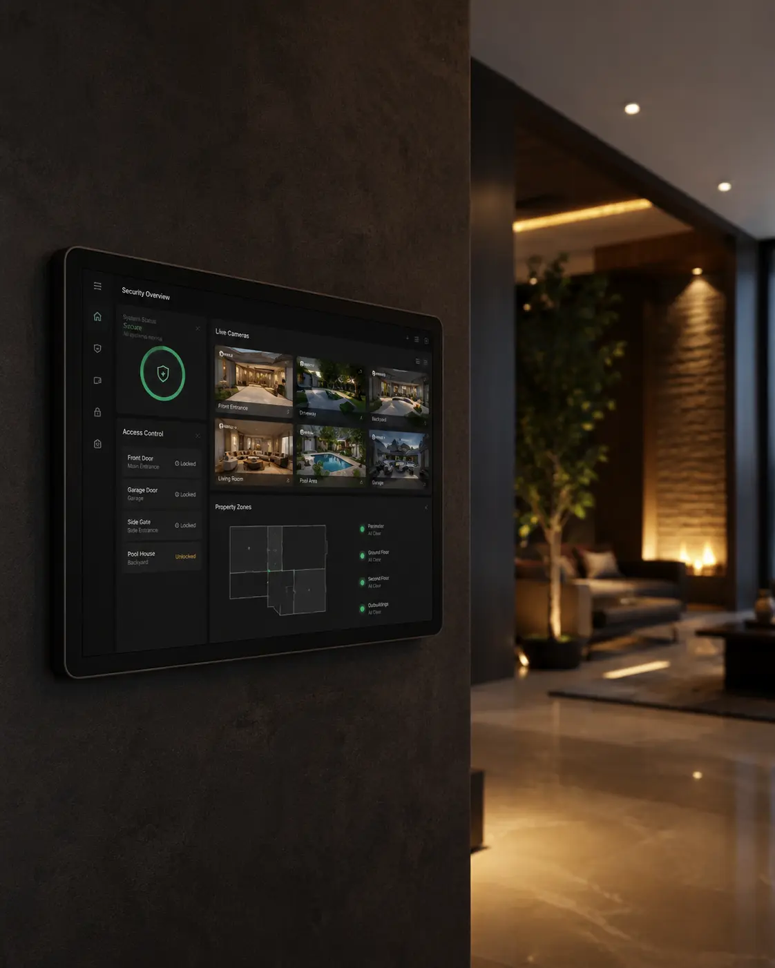 Wall-mounted security panel showing live camera views and access status