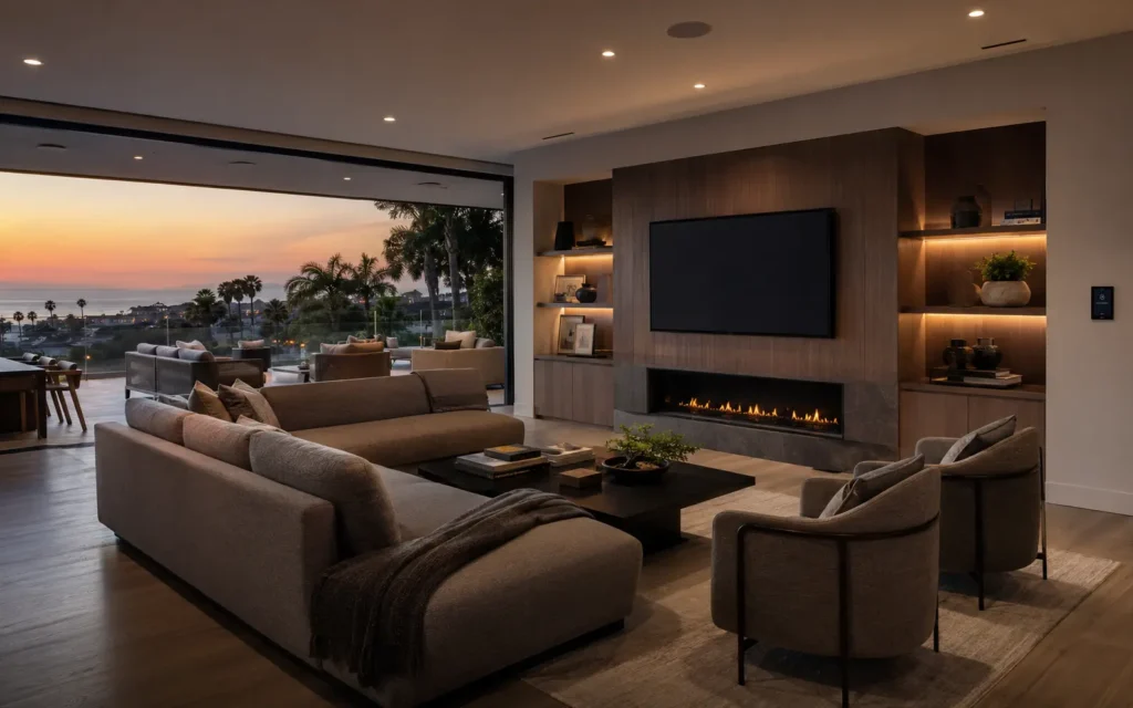 Open living room with a fireplace and a sunset view over the coast